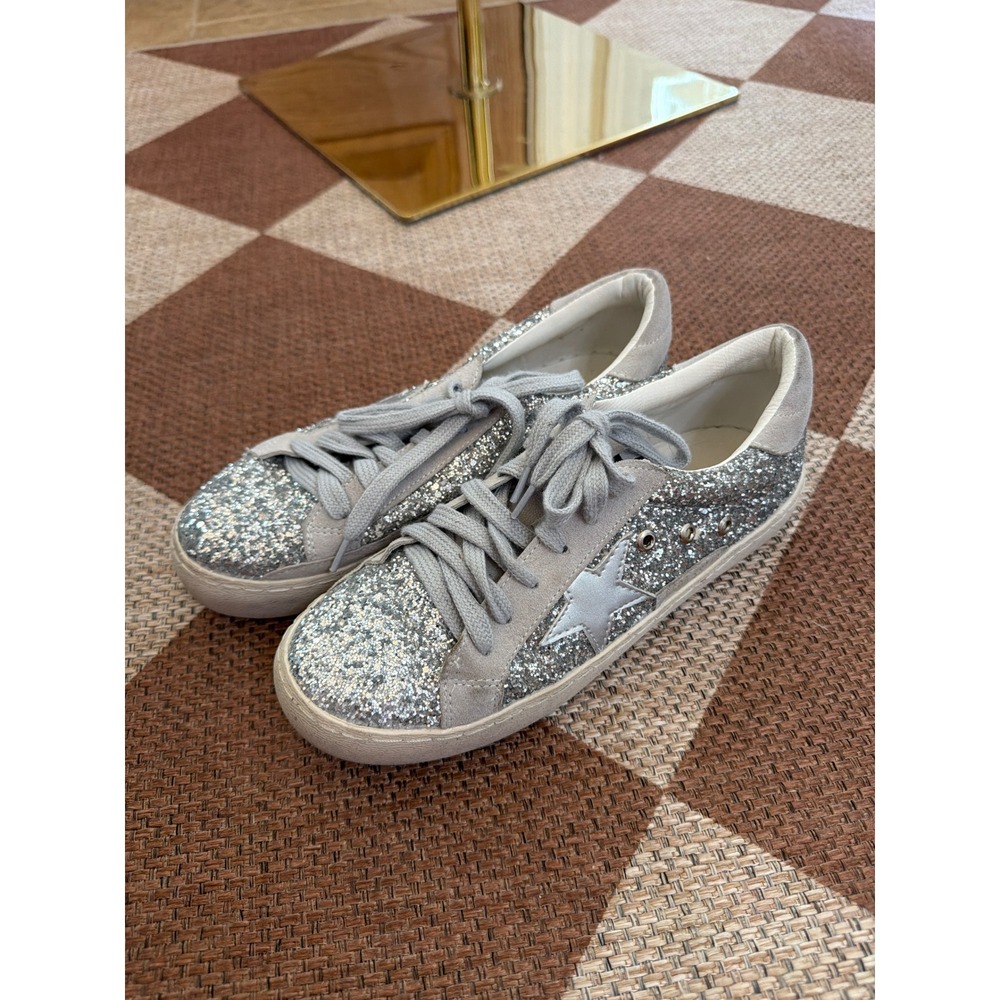 Sarabasic Collection GGDB Style Silver Glitter Star Sneakers Grey Suede Size 39